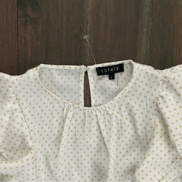 1.State Bon Voyage White & Gold Polka Dot Ruffle Blouse L - Picture 2 of 7
